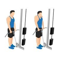 Man doing cable shrugs exercise flat vector illustration isolated on white background