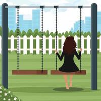 Little girl on the swing back view flat vector illustration isolated on white background
