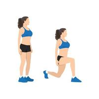 guía de ejercicios ilustrada por una mujer sana haciendo ejercicios de estocadas en 2 pasos para reafirmar las nalgas y las piernas. vector