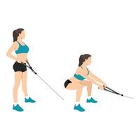 Woman doing cable squat rows exercise flat vector illustration isolated on white backgound. Row squats