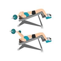 Woman doing decline lying triceps extensions. Decline skull crushers exercise flat vector illustration isolated on white background