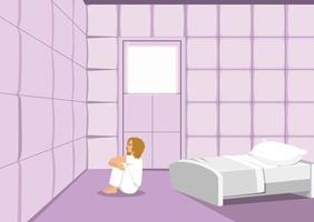 mujer en camisa de fuerza en asilo, niña paciente de clínica mental. cuarto de manicomio con cama vector