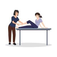 Physiotherapist or rehabilitologist doctor rehabilitates patient. Vector flat cartoon illustration. Physiotherapy rehab, injury recovery and healthcare concept.