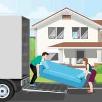 Couple moves to a new house. Holding sofa with things in the background of the home. Vector illustration in cartoon style