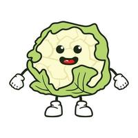 Illustration with funny character. Funny and healthy food. Vitamins contained in cauliflower. Food with cute face. Vector cartoon.