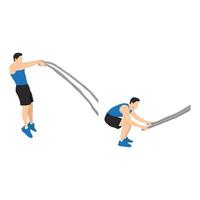 Man doing battle rope double arm slams exercise flat vector illustration isolated on white background