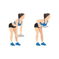 Woman doing bent over two armed water bottle rows exercise flat vector illustration isolated on white background