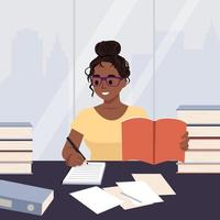 An illustration girl studying at her desk. hand drawn style vector design illustrations. Writing ideas