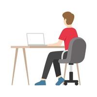 an sitting at a desk and working on the computer back view, on an isolated background. Flat design vector illustration.