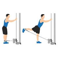 Man doing Cable hip extensions exercise. Flat vector illustration isolated on white background