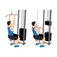 hombre haciendo pulldowns de lat de agarre cerrado ilustración de vector plano aislado sobre fondo blanco