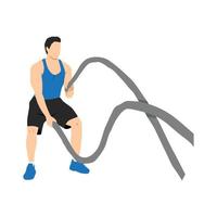 Man doing battle rope snakes exercise flat vector illustration isolated on white background