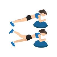 Woman doing Bosu ball plank leg lift exercise flat vector illustration isolated on white background