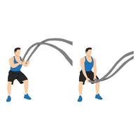 Man doing battle rope double waves exercise flat vector illustration isolated on white background