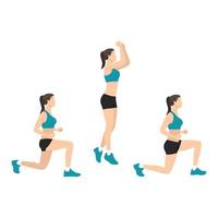 Woman doing explosive jumping alternating lunges exercise flat vector illustration isolated on white background