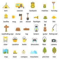 Set of cartoon camping utilities with names. vector