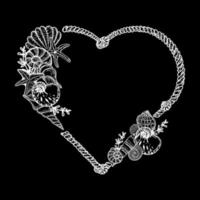 Heart-shaped frame in a nautical style, hand-drawn elements in sketch style. Sea creatures and seaweed. Rope with knots. Sea, ocean. Template on black background vector