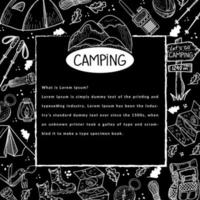 Banner with elements of hiking life on a black background. Hiking. Hiking. Camping emblem with mountains. Tents, compass, map, etc. There is an indent for text. Hand-drawn elements in a flat style. vector