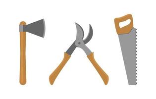 Tools for felling, sawing and pruning trees. Axe, saw and secateurs. vector