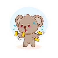 Cute cartoon baby koala lifting barbell. Hand drawn mascot design illustration. vector