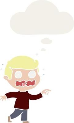 cartoon stressed out pointing and thought bubble in retro style
