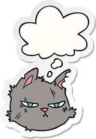 cartoon tough cat face and thought bubble as a printed sticker vector