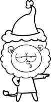 line drawing of a bored lion wearing santa hat vector