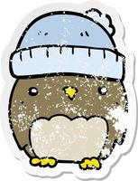 distressed sticker of a cute cartoon owl in hat vector