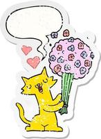 cartoon cat in love and flowers and speech bubble distressed sticker vector