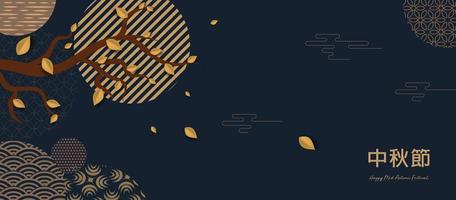 Banner design with traditional Chinese circles patterns representing the full moon, Chinese text Happy Mid Autumn, gold on dark blue. Vector Flat style. Place for your text.