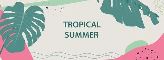 Horizontal banner with tropical leaves, plants and trendy floral blots. Announcement of a new collection, discounts on it, summer sale, discount. Vector illustration