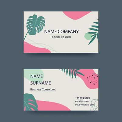 Business card design in soft pastel colors. Modern concept with liquid, drops, brush, flowers, leaves, lines. Monstera branches. Tropics. Vector illustration