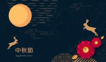 diseño de pancartas con patrones de círculos chinos tradicionales que representan la luna llena, texto chino feliz a mediados de otoño, oro en azul oscuro. estilo plano vectorial. lugar para su texto. vector