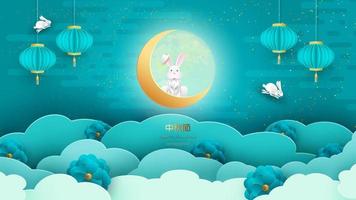 White rabbits with paper cut chinese clouds and flowers on geometric background for Chuseok festival. Hieroglyph translation is Mid autumn. Full moon frame with place for text. Vector illustration.