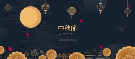 Banner design with traditional Chinese circles patterns representing the full moon, Chinese text Happy Mid Autumn, gold on dark blue. vector