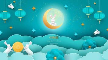 White rabbits with paper cut chinese clouds and flowers on geometric background for Chuseok festival. Hieroglyph translation is Mid autumn. Full moon frame with place for text. vector