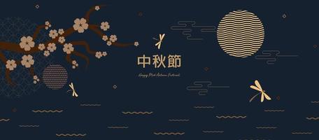 Banner design with traditional Chinese circles patterns representing the full moon, Chinese text Happy Mid Autumn, gold on dark blue. Vector Flat style. Place for your text.