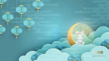 White rabbits with paper cut chinese clouds and flowers on geometric background for Chuseok festival. Hieroglyph translation is Mid autumn. Full moon frame with place for text. vector