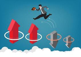 Overcome challenges and barriers to concept. Successful businessman jumping over down arrow vector