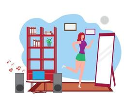 happy young housewife enjoying exercise at home Beauticians and curlers stand on an exercise mat. listen to music and do aerobics lung exercise vector illustration