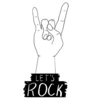 Hand with gesture, text Rock and stars doodle emblem, symbol isolated on white background. Grunge print. . Vector illustration