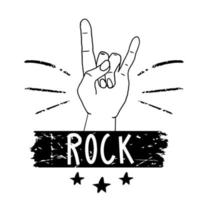 Hand with gesture, text Rock and stars doodle emblem, symbol isolated on white background. Grunge print. . Vector illustration