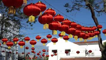 Chinese red green lantern decorated at street video