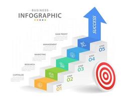 Infographic template for business. 5 Steps Modern Stair diagram with arrow and topics, presentation vector infographic.