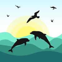 Silhouette of a dolphin against the background of the sea. vector