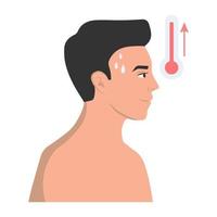 A man in a fever with a high temperature as a symptom of a virus, flu, cold. Vector illustration.