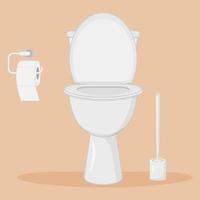 White ceramic toilet bowl with brush and toilet paper. Vector illustration.