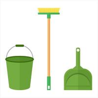 Dustpan, broom and bucket for house cleaning isolated on white background. Vector illustration.
