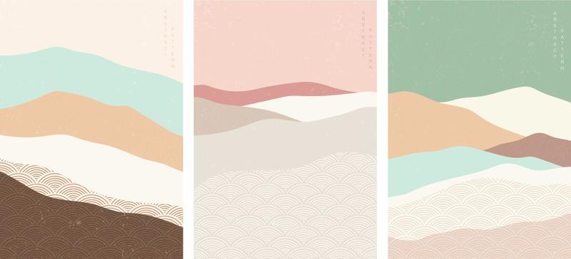 Abstract art background with Japanese wave pattern vector. Art landscape in vintage style. Mountain forest template.
