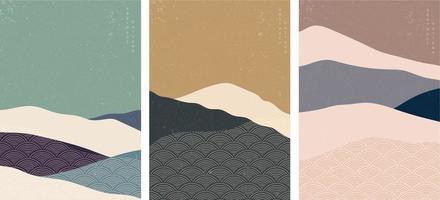 Abstract art background with Japanese wave pattern vector. Art landscape in retro style. Mountain forest template. vector